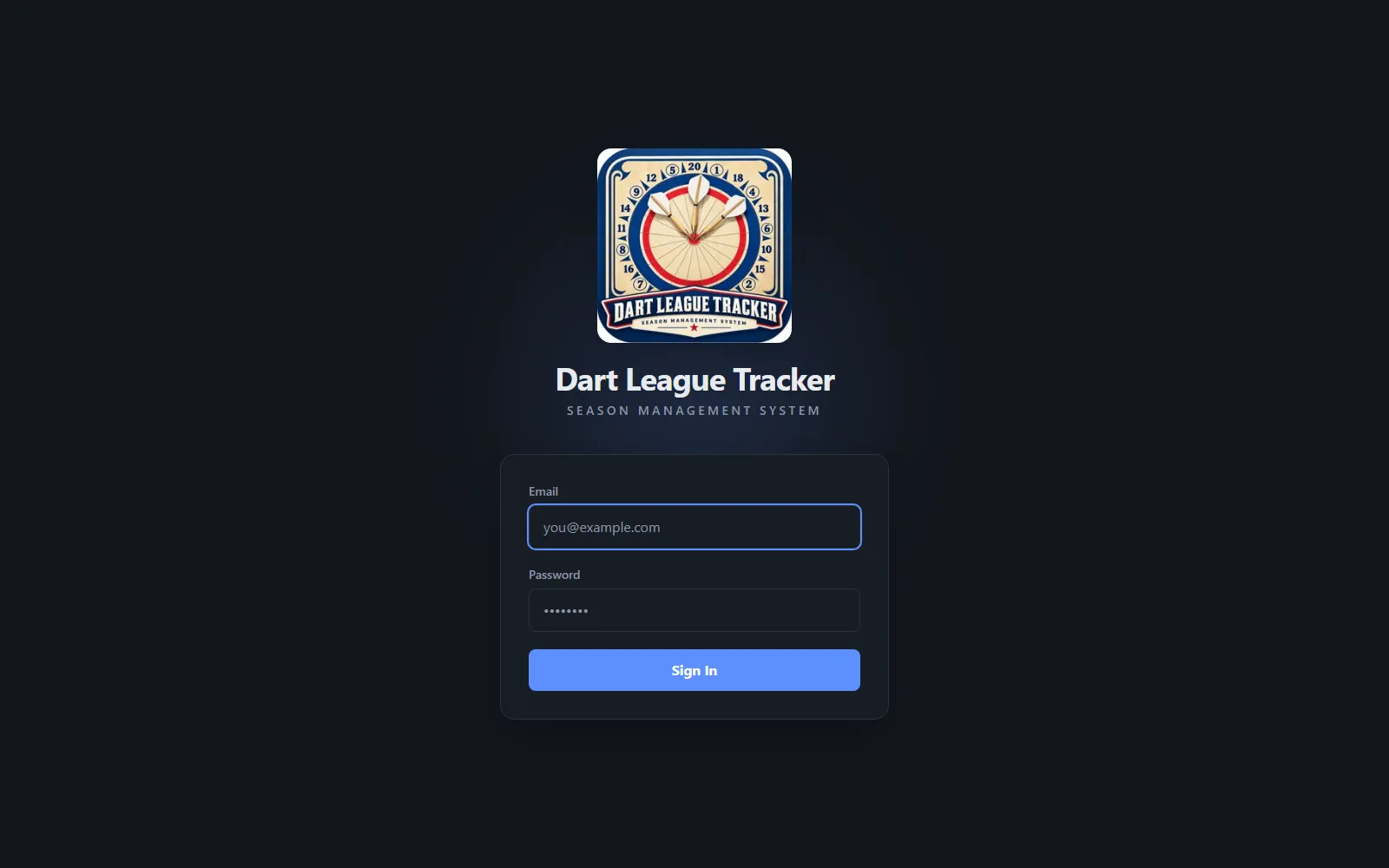Dart League Tracker sign-in screen — season management system