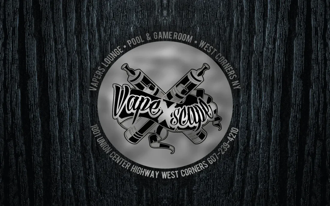 Age-gate screen design — the VapeXscape badge in brushed silver on a dark wood background