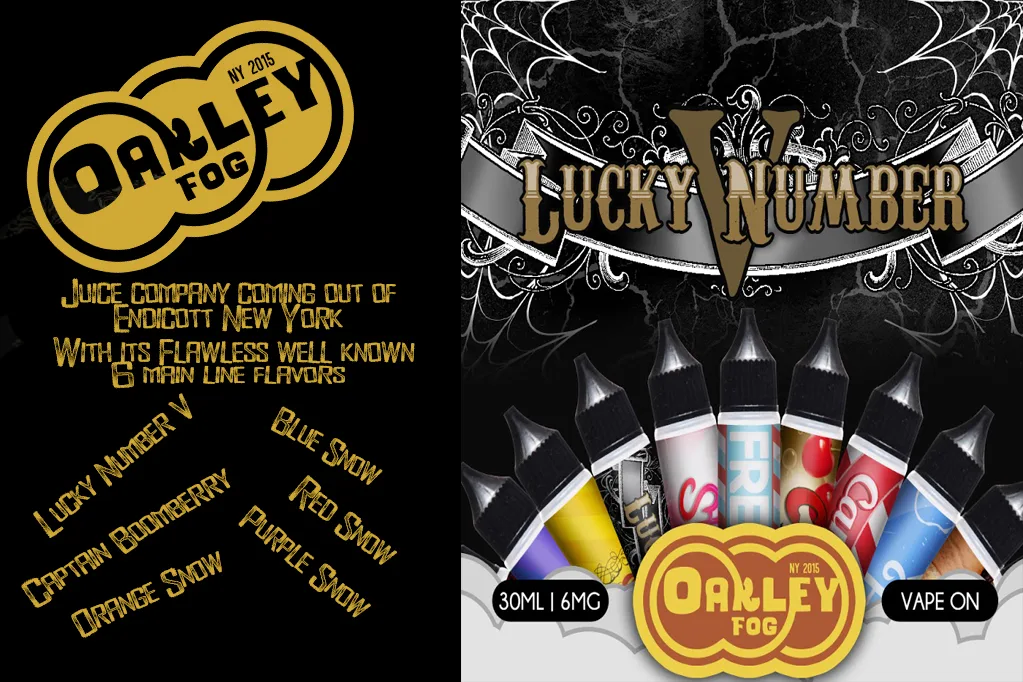 Oakley Fog promo sheet listing the six main-line flavors beside a lineup of labelled bottles
