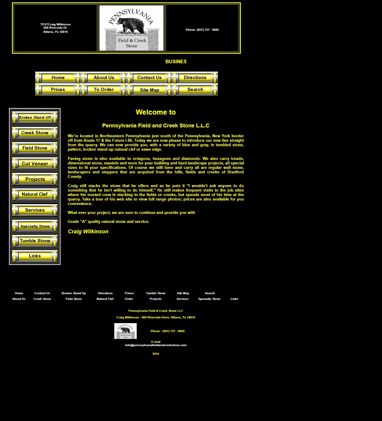 Pennsylvania Field and Creek Stone's original 2014 website — a non-responsive, table-based black and yellow layout